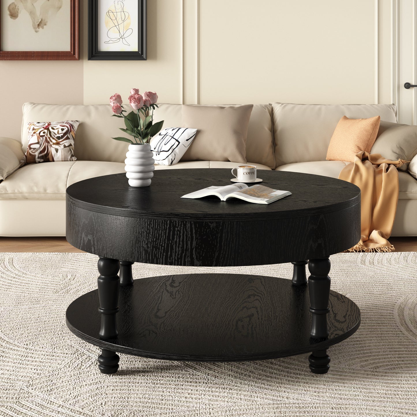 Modern Round Coffee Table with Dual Storage - Black, 31.5"