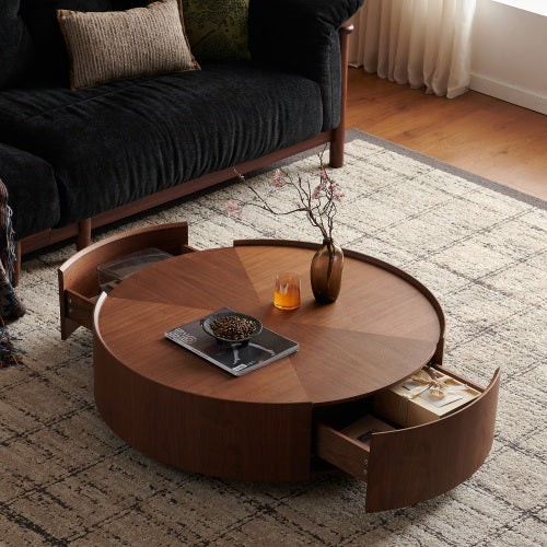 35.4-Inch Round Coffee Table - Walnut Finish for Living Room