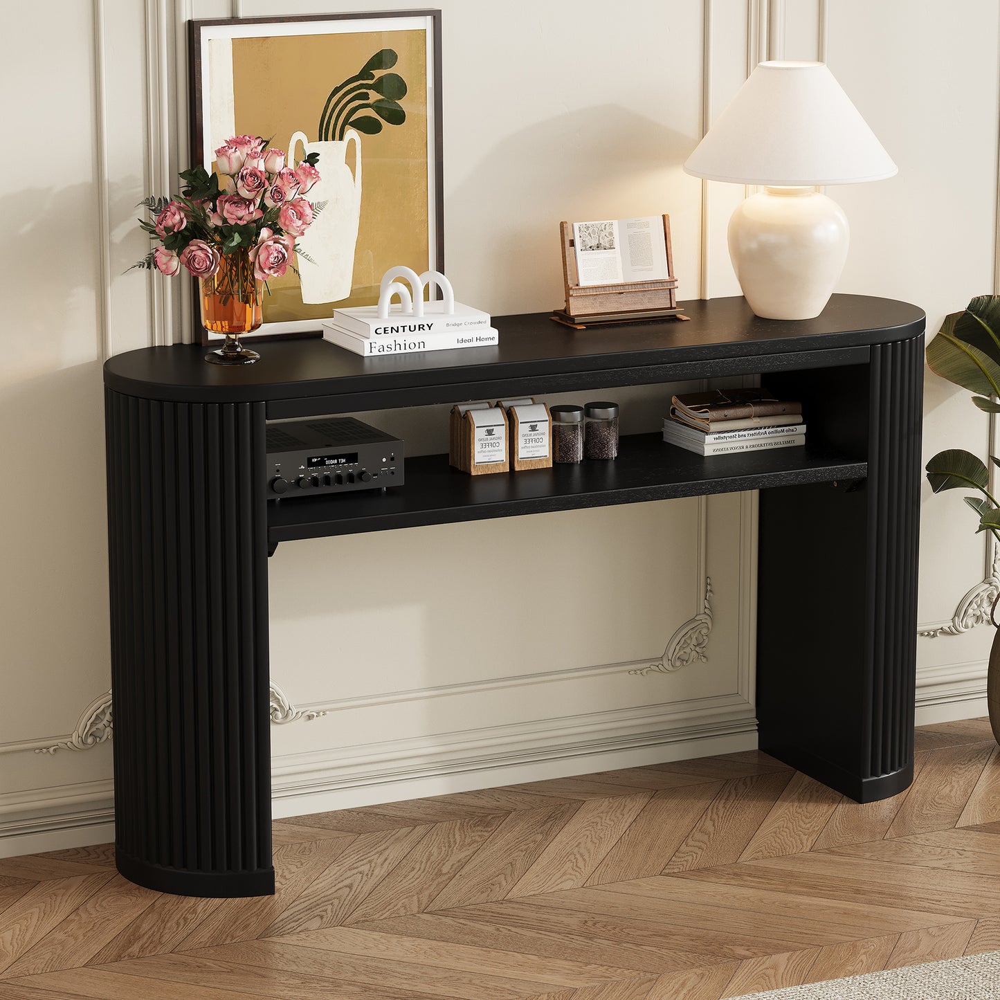 Rustic Console Table with Fluted Legs - Vintage Oval Sofa Table