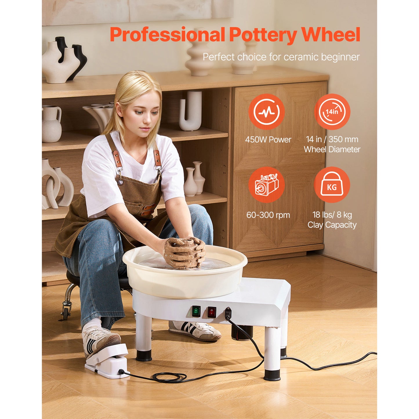 Pottery Wheel 14-In Ceramic Forming Machine with Adjustable Speed & Foot Pedal