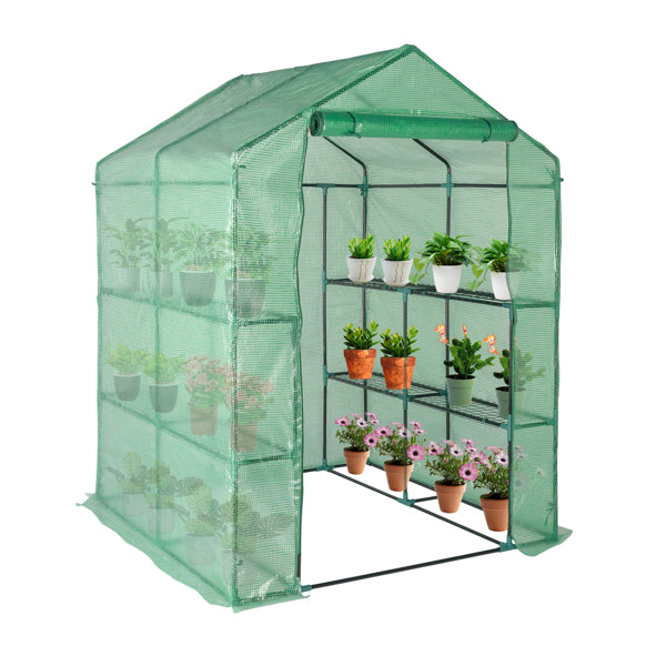 Garden Greenhouse with 8 Shelves, Green PE Cover & Black Iron Frame, 143x143x195cm