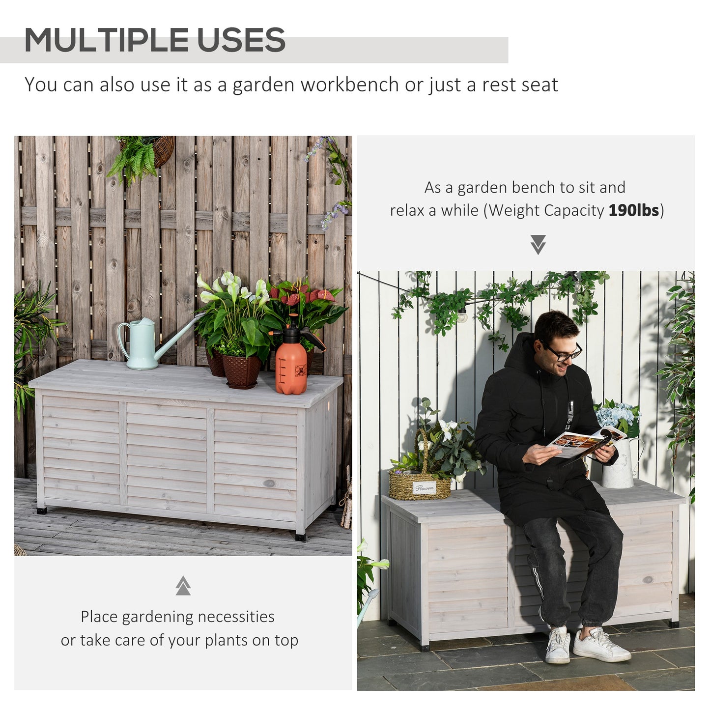 75 Gallon Wooden Deck Storage Box - Outdoor Weatherproof Garden Tool Chest