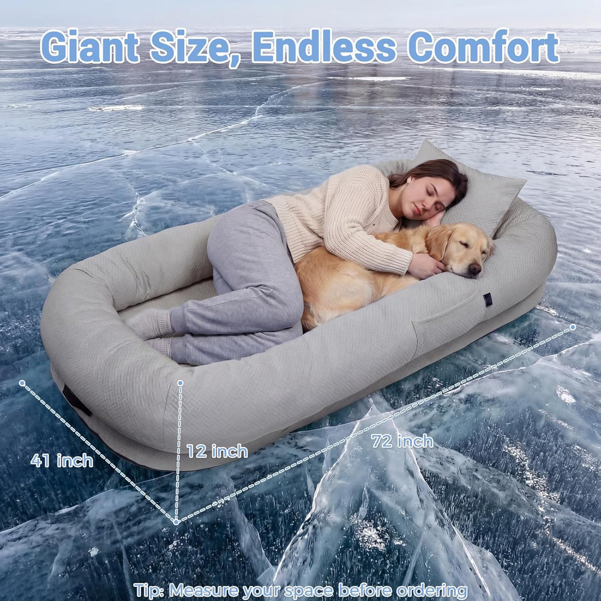 Cooling Dog Bed for Adults & Pets - Breathable Washable Lounger 72x41x12 Inches - Glacier Grey