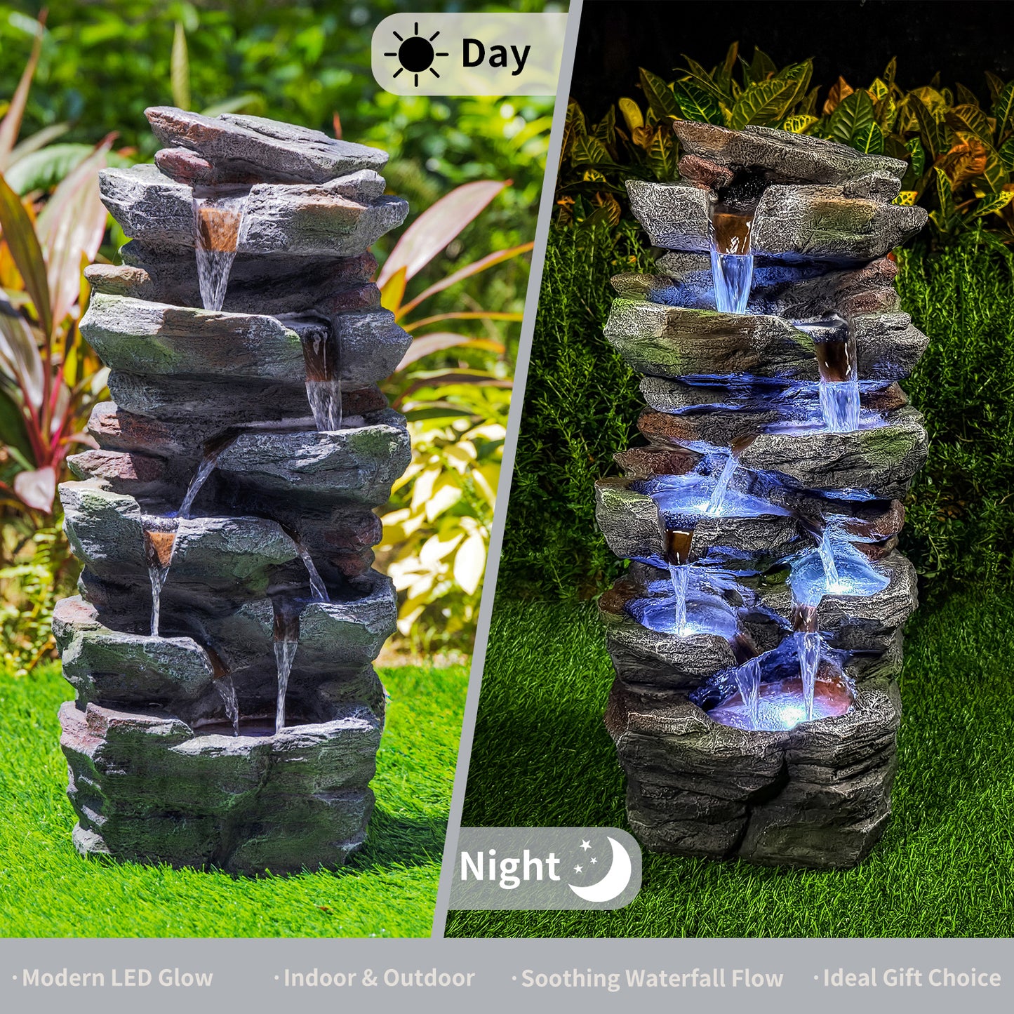 Outdoor Rock Waterfall Fountain with LED Lights for Garden Patio Lawn