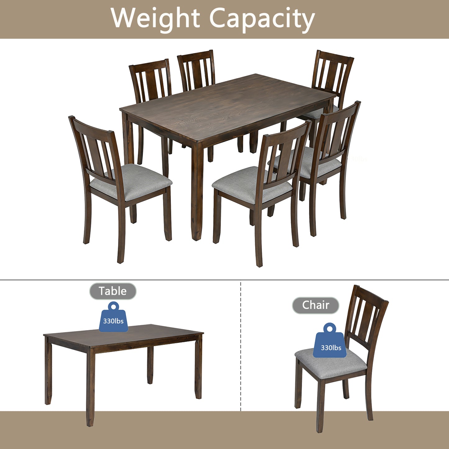 7-Piece Dining Table Set with 6 Upholstered Chairs - Walnut