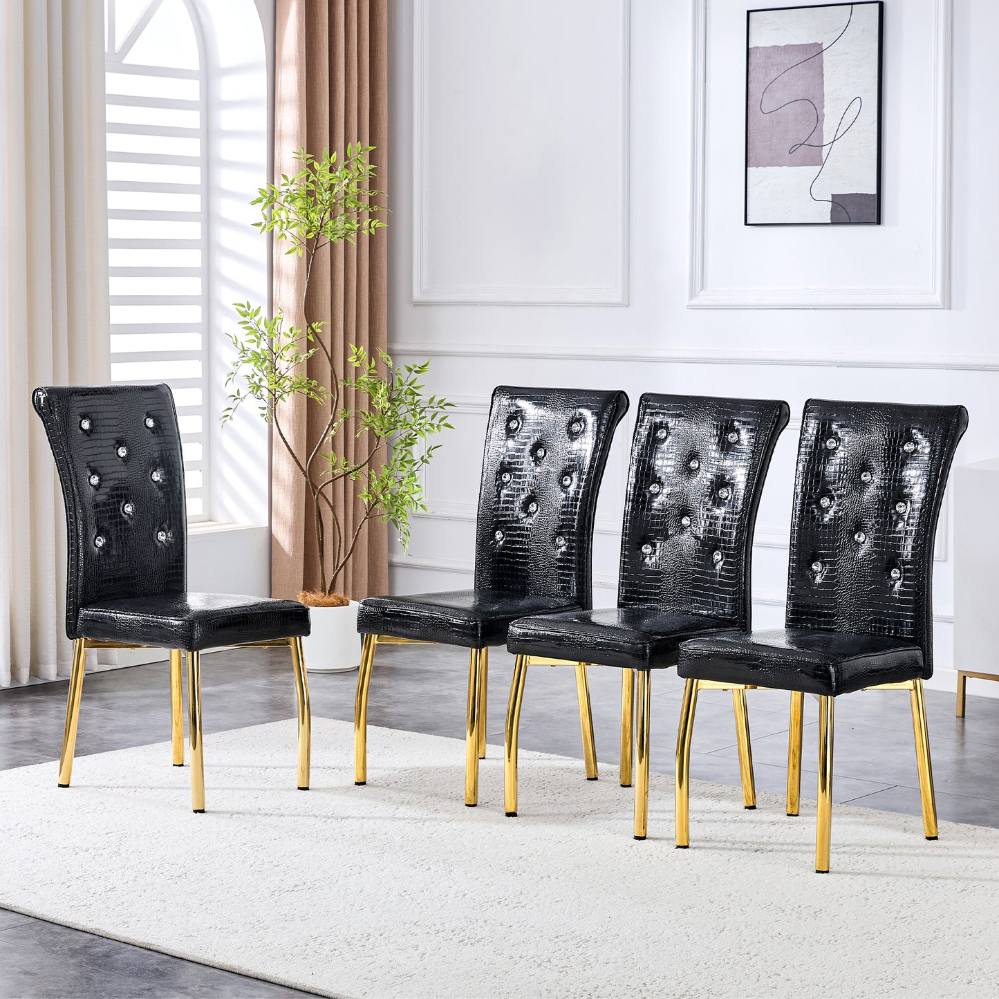 Set of 4 Retro Alligator Skin Dining Chairs with Crystal Buckle - Black & Gold