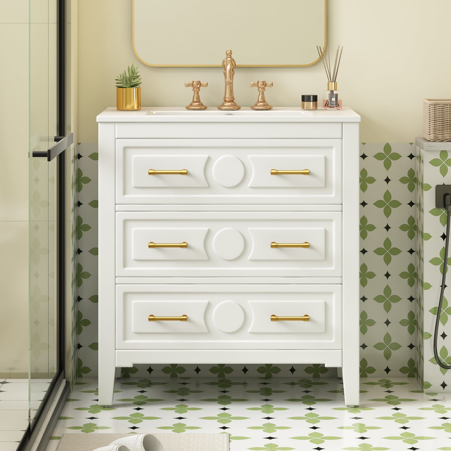 30'' White Bathroom Vanity with Ceramic Sink and 3 Drawers