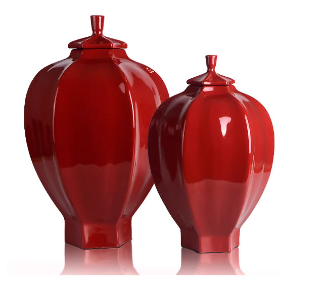 Red Hexagonal Ceramic Vase Ornament - Small & Large Sizes