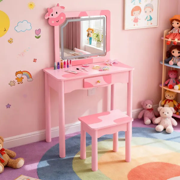 Children's Dressing Table Set with LED Backlight - Pink Cow Pattern
