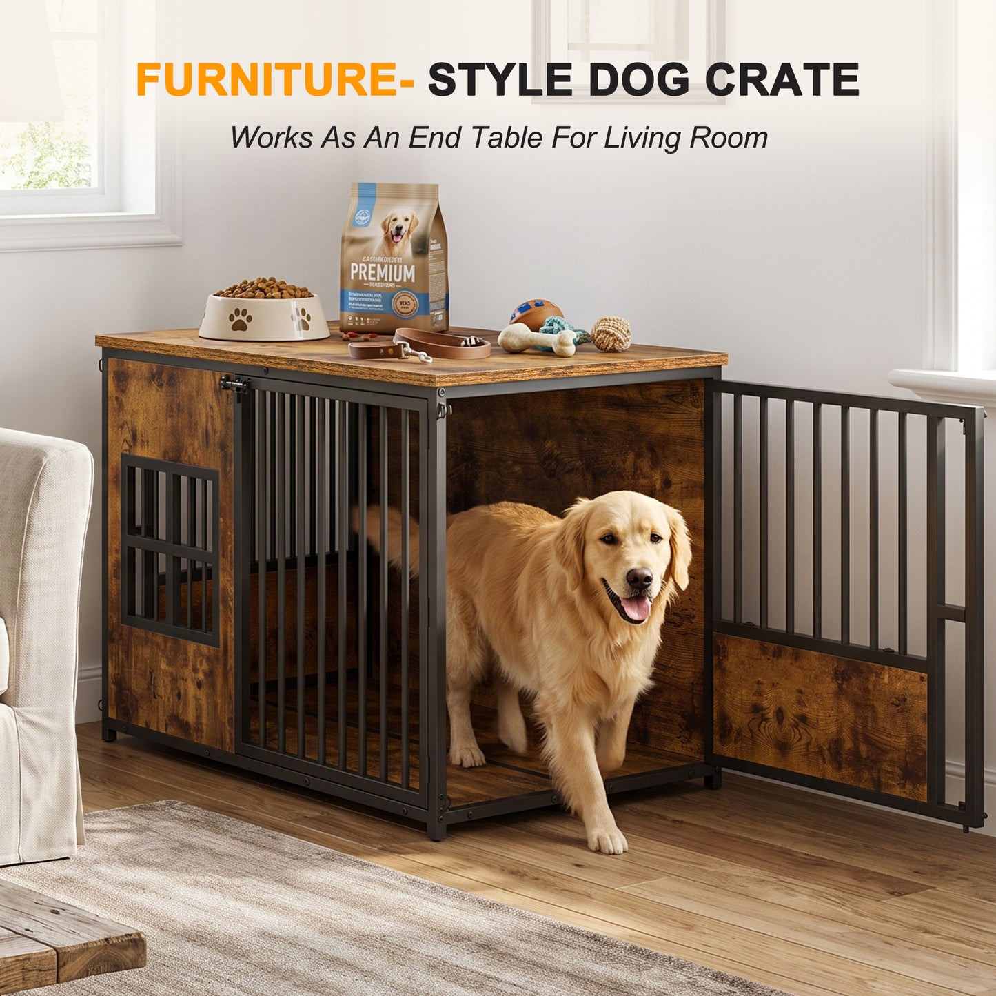 Large Wooden Dog Crate Furniture with Storage Top - Indoor Pet Kennel