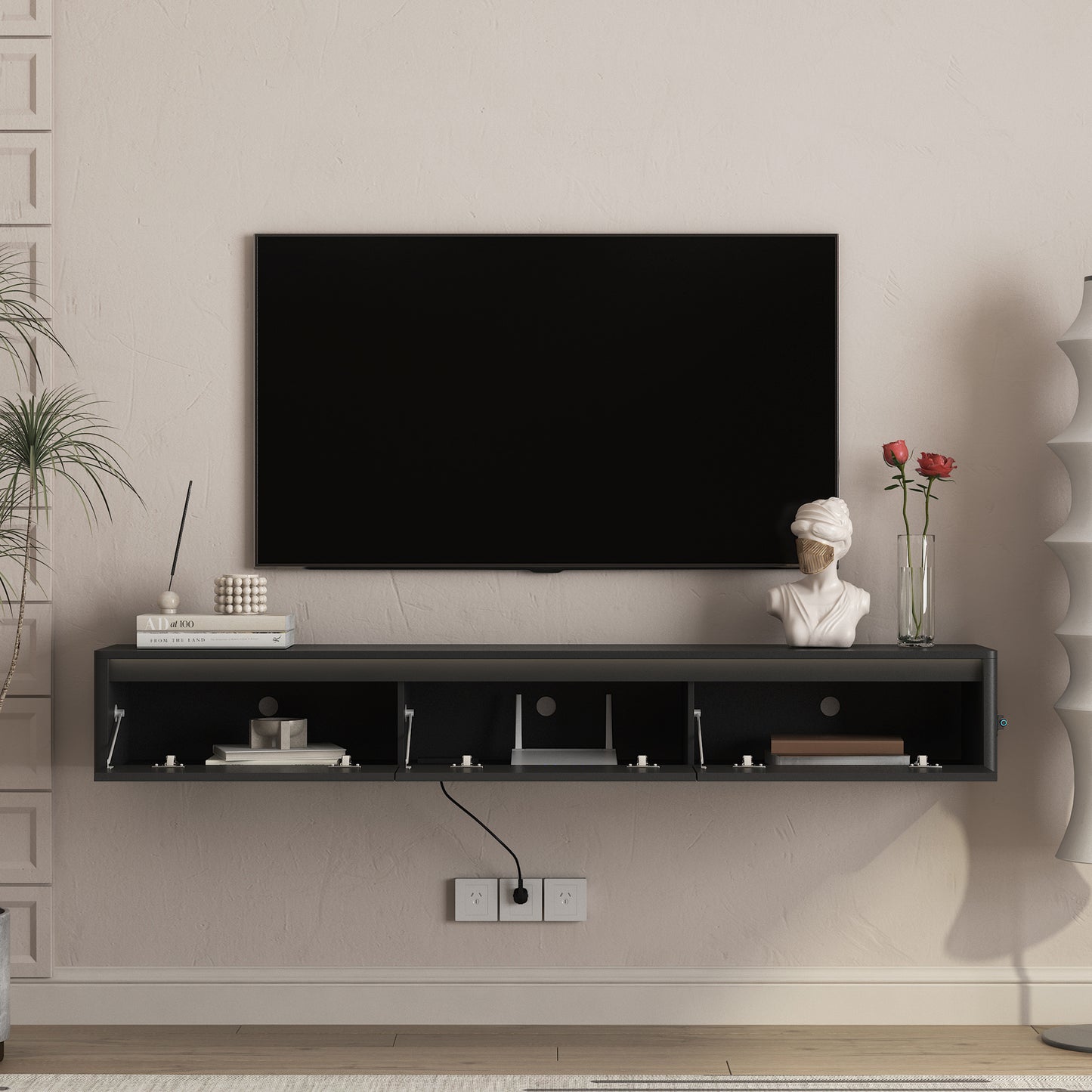 Wall Mounted Floating TV Stand with LED Lights & Power Outlet - Black