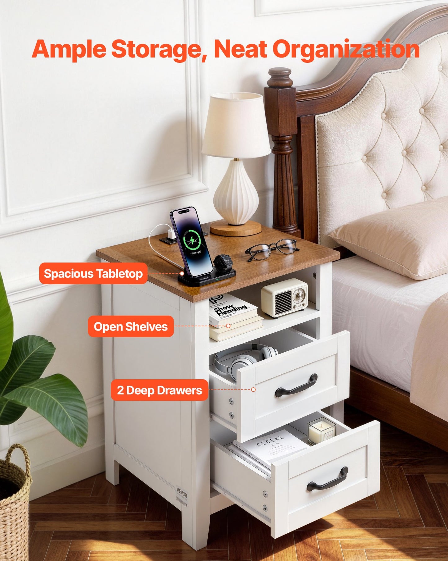 Farmhouse Nightstands Set of 2 with Charging Station White - Rustic End Tables with USB Ports & Storage
