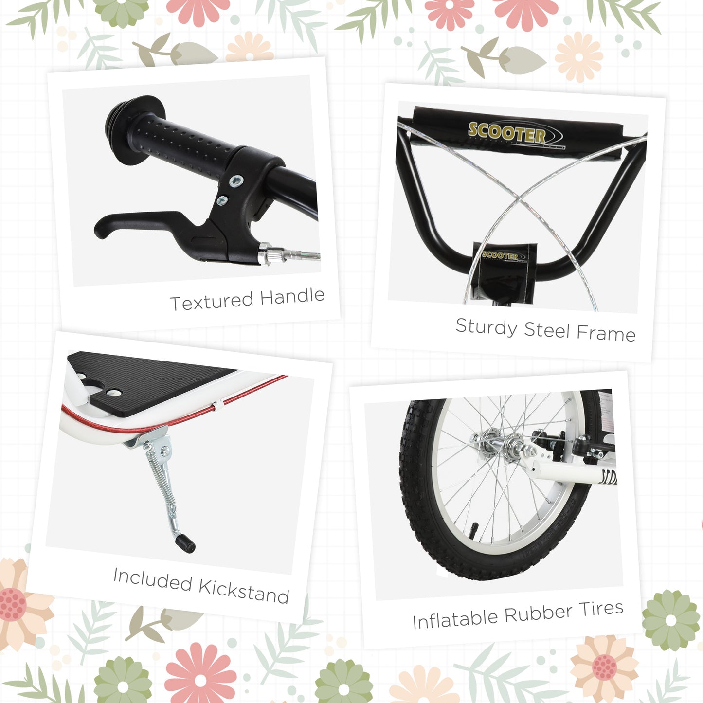 Adjustable White Toddler Scooter with Inflatable Wheels & Dual Brakes