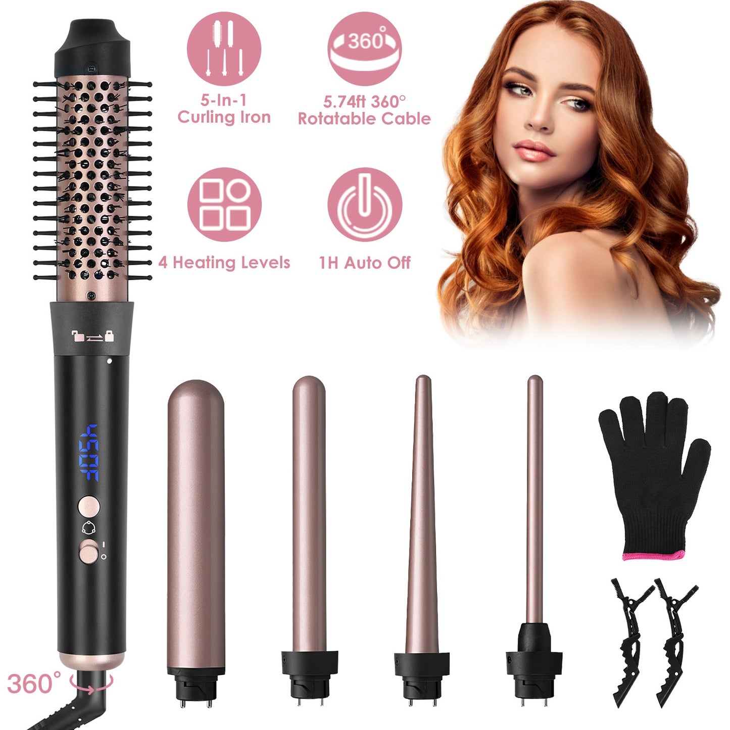 5-in-1 Curling Iron Wand Set with Interchangeable Barrels & Heat Control