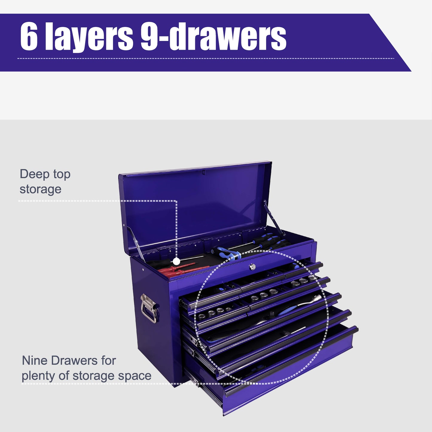 Purple Heavy Duty Metal Tool Box 24-Inch with 9 Drawers & Locking System