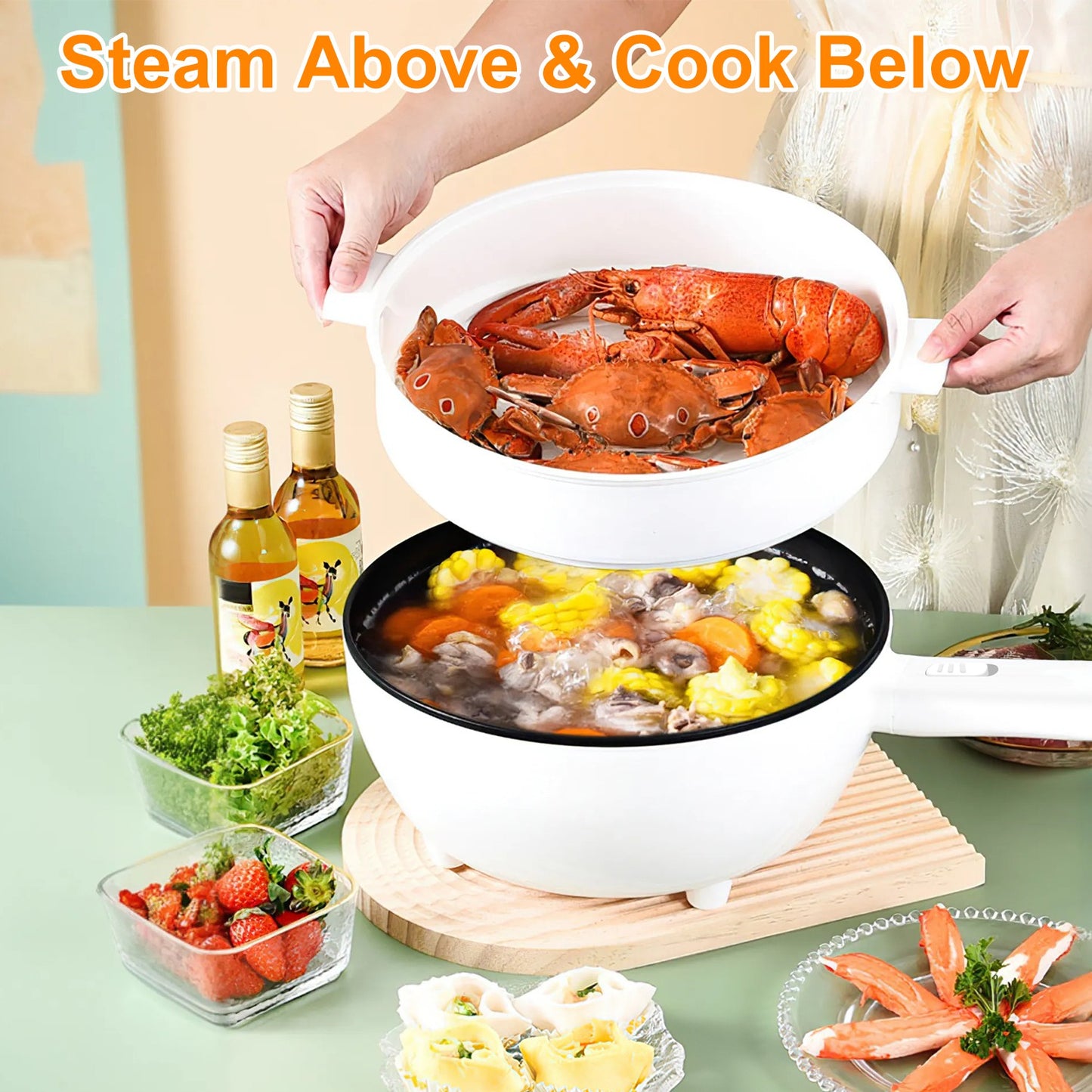 Electric Hot Pot with Steamer - Portable Non-Stick Cooker