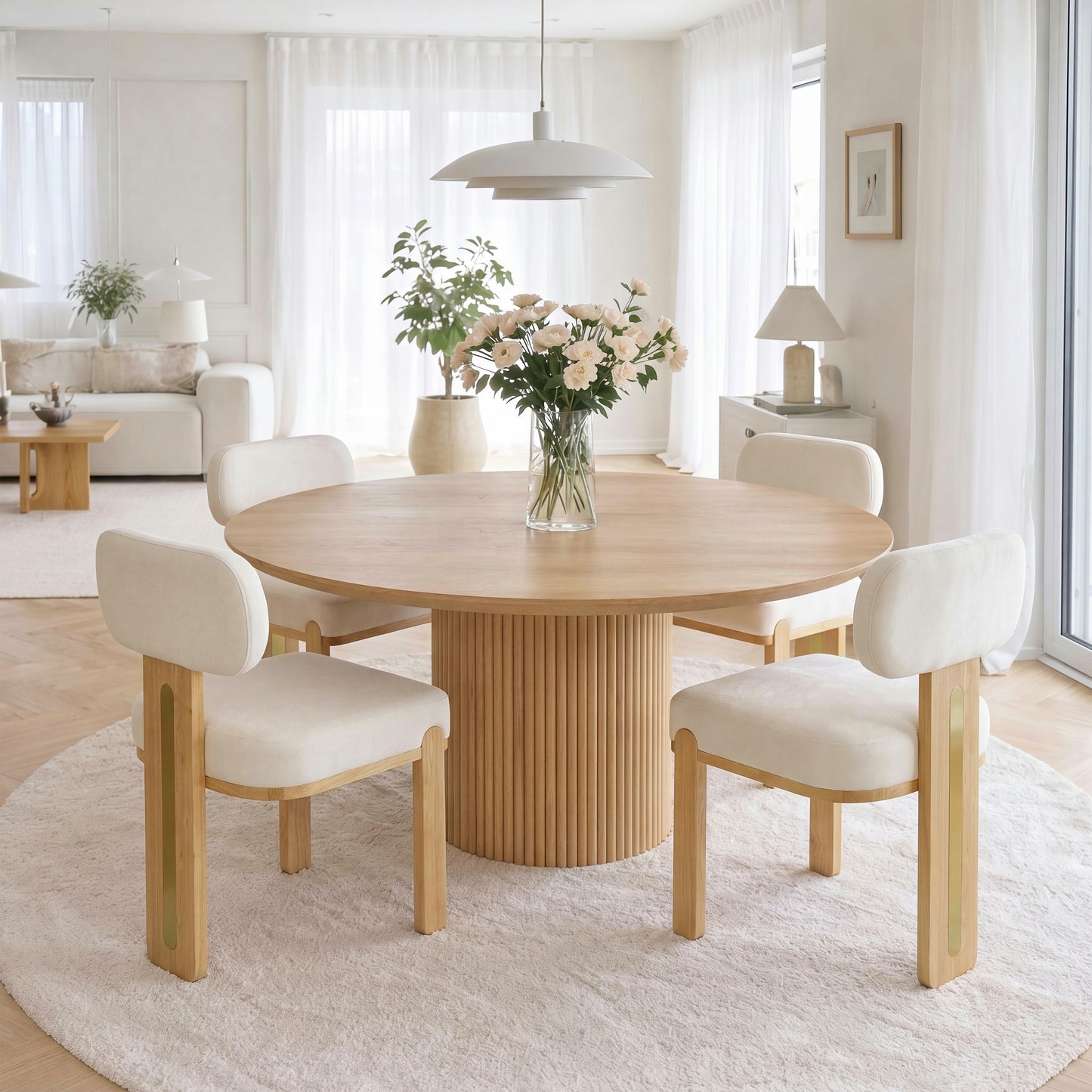 Modern Round Upholstered Dining Chair Set - Beige & Natural