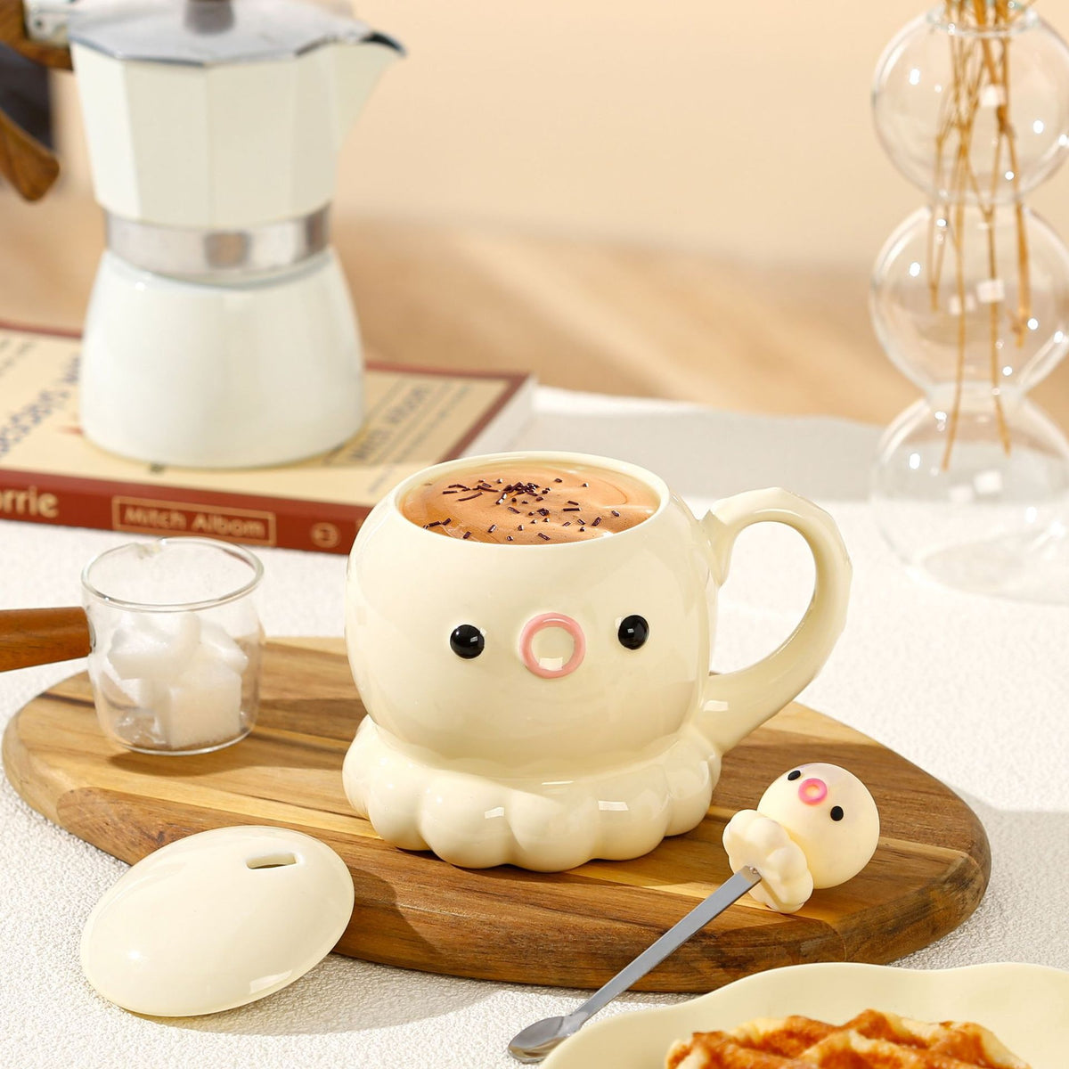 Cute Jellyfish Ceramic Coffee Mug with Cover and Spoon - 381ML
