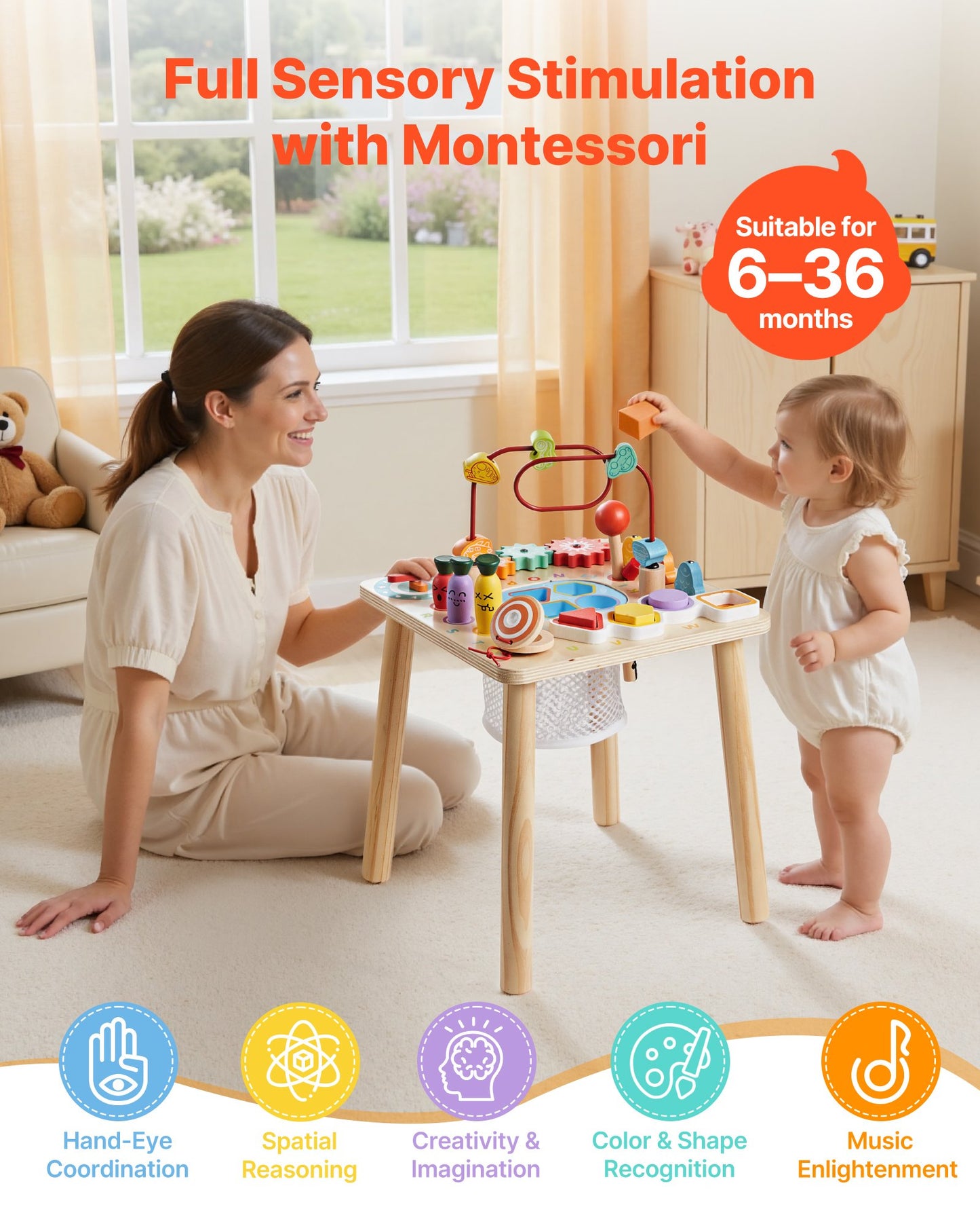 Wooden Montessori Activity Table for Toddlers - 8-in-1 Learning Desk, Baby Play Table for 6+ Months