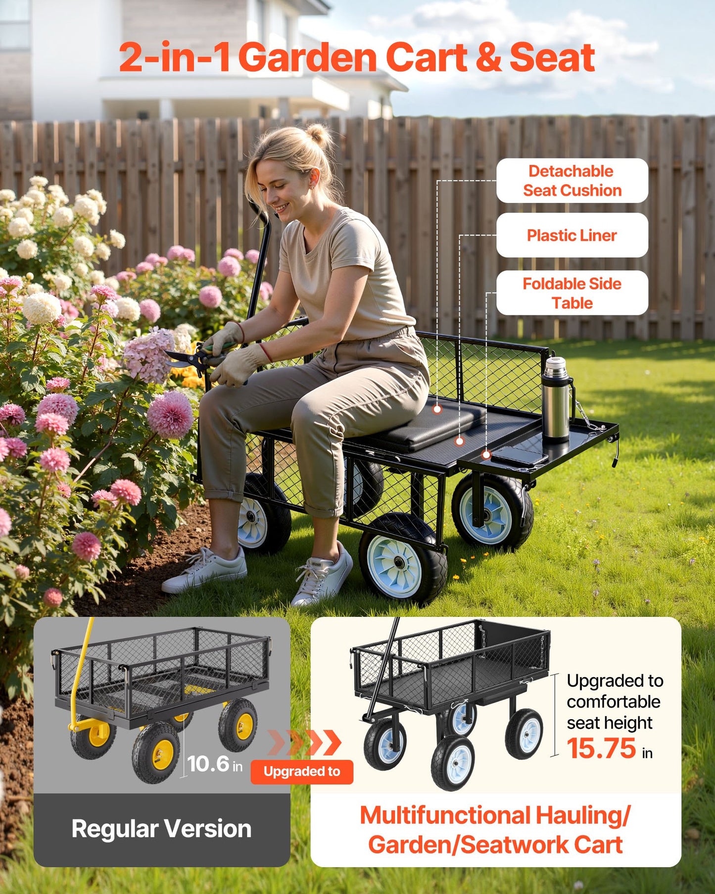 Heavy Duty Garden Cart with Seat & Tool Tray - 500 LBS Load Capacity, Rolling Steel Yard Wagon