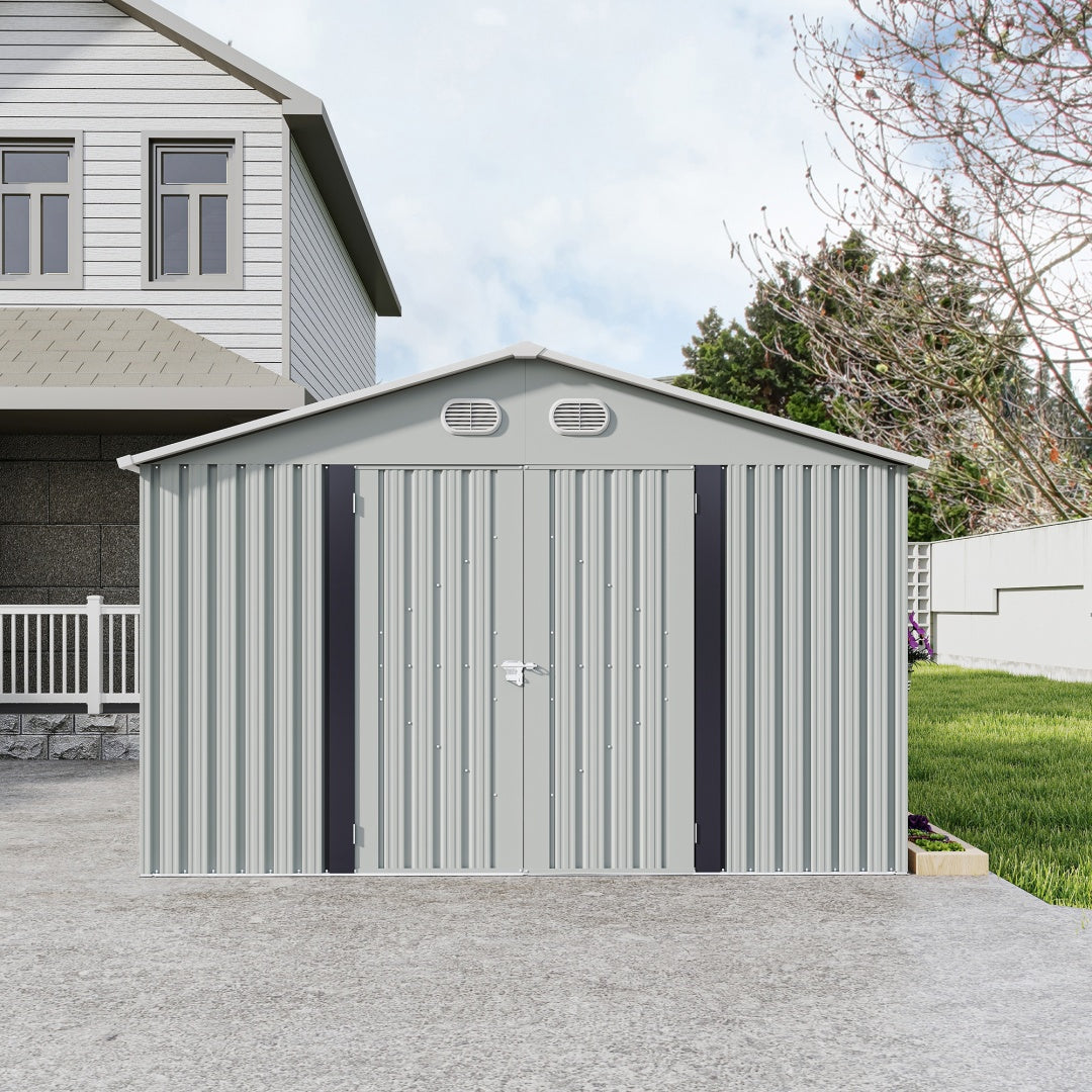 10x12 FT Outdoor Metal Storage Shed with Lockable Door - White