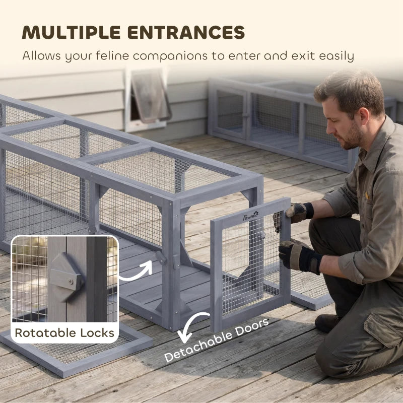 Wooden Cat Run with Weather Protection, Indoor & Outdoor Cat Shelter - Dark Gray
