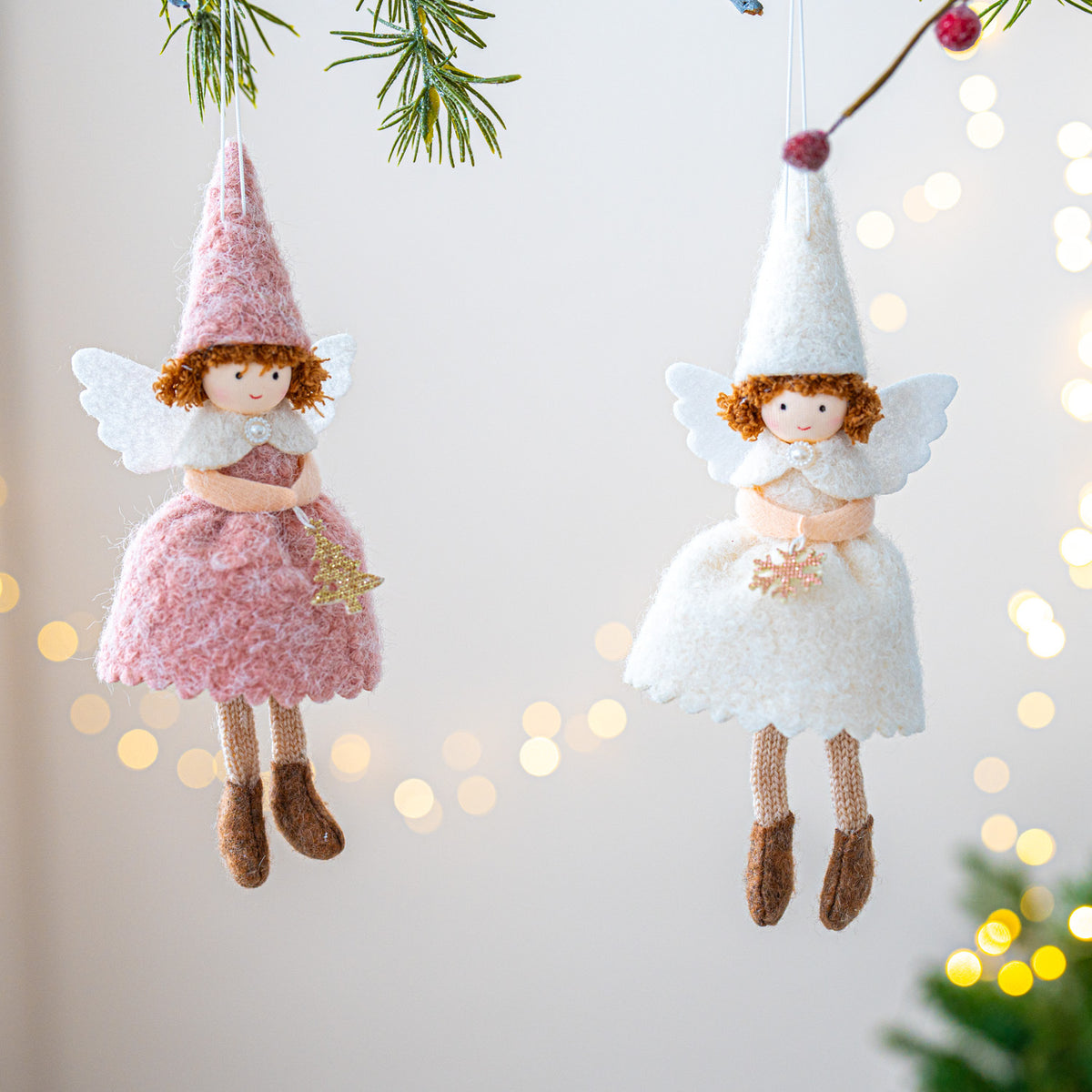 Christmas Girl Angel Felt Pendant Decor - White & Pink Holiday Ornaments