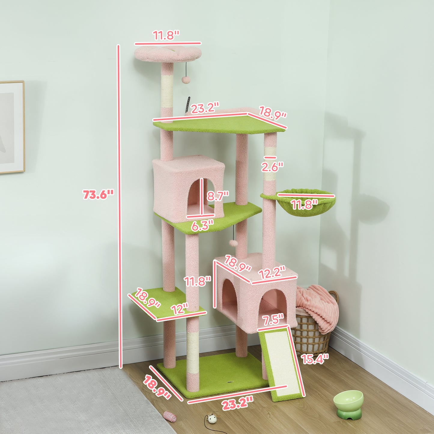 74-Inch Large Flower Cat Tree with Scratching Posts & Condos - Pink