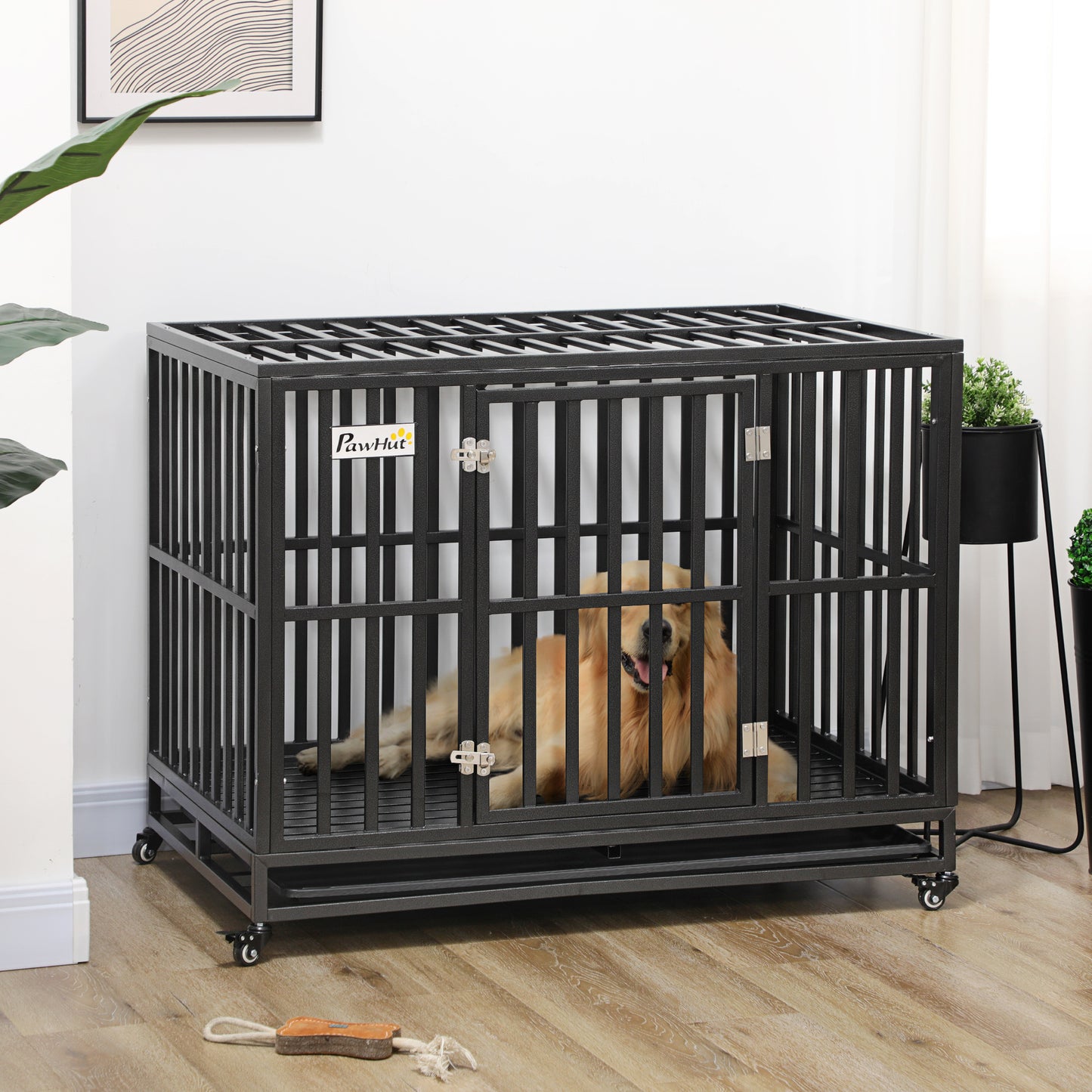 Heavy Duty Dog Crate with Wheels - 45 Inch Steel Kennel, Escape-Proof Black