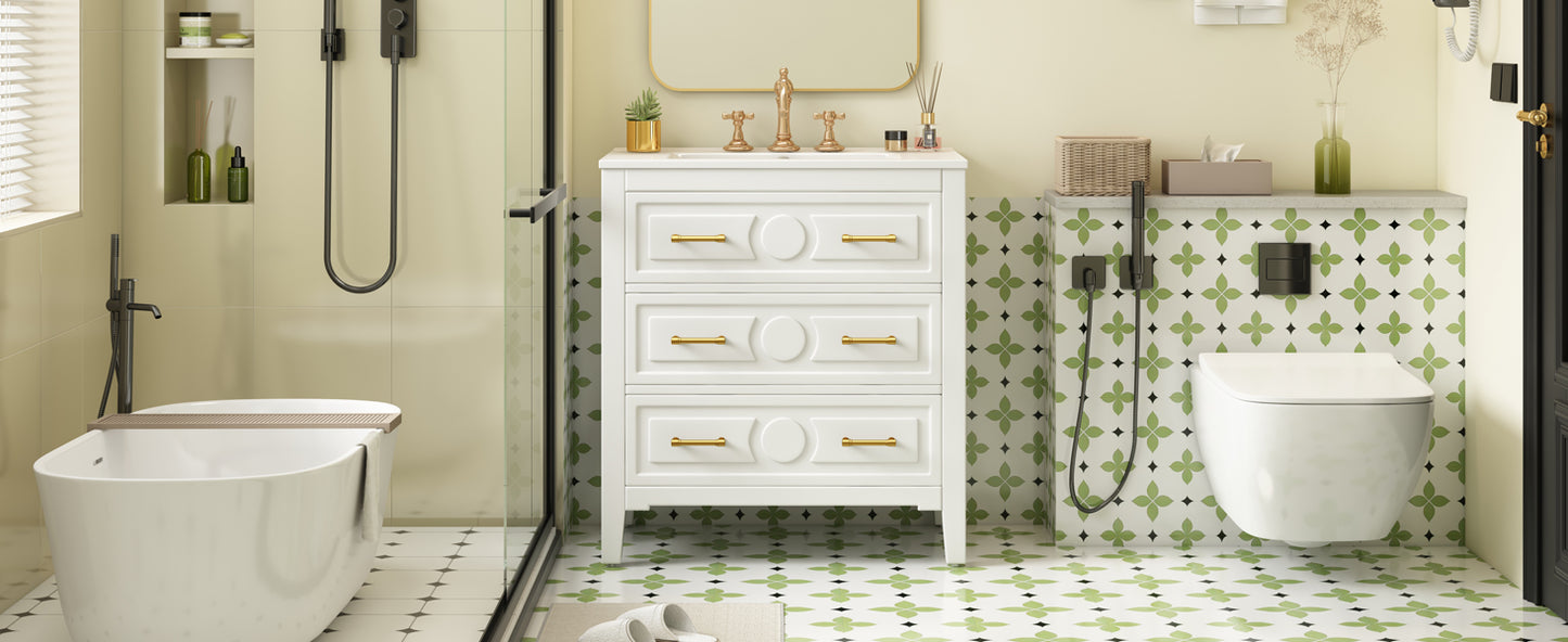 30'' White Bathroom Vanity with Ceramic Sink and 3 Drawers