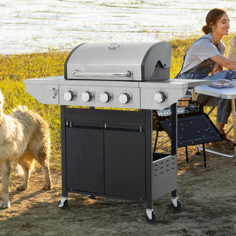 Stainless Steel Propane Gas Grill with Side Burners - Black