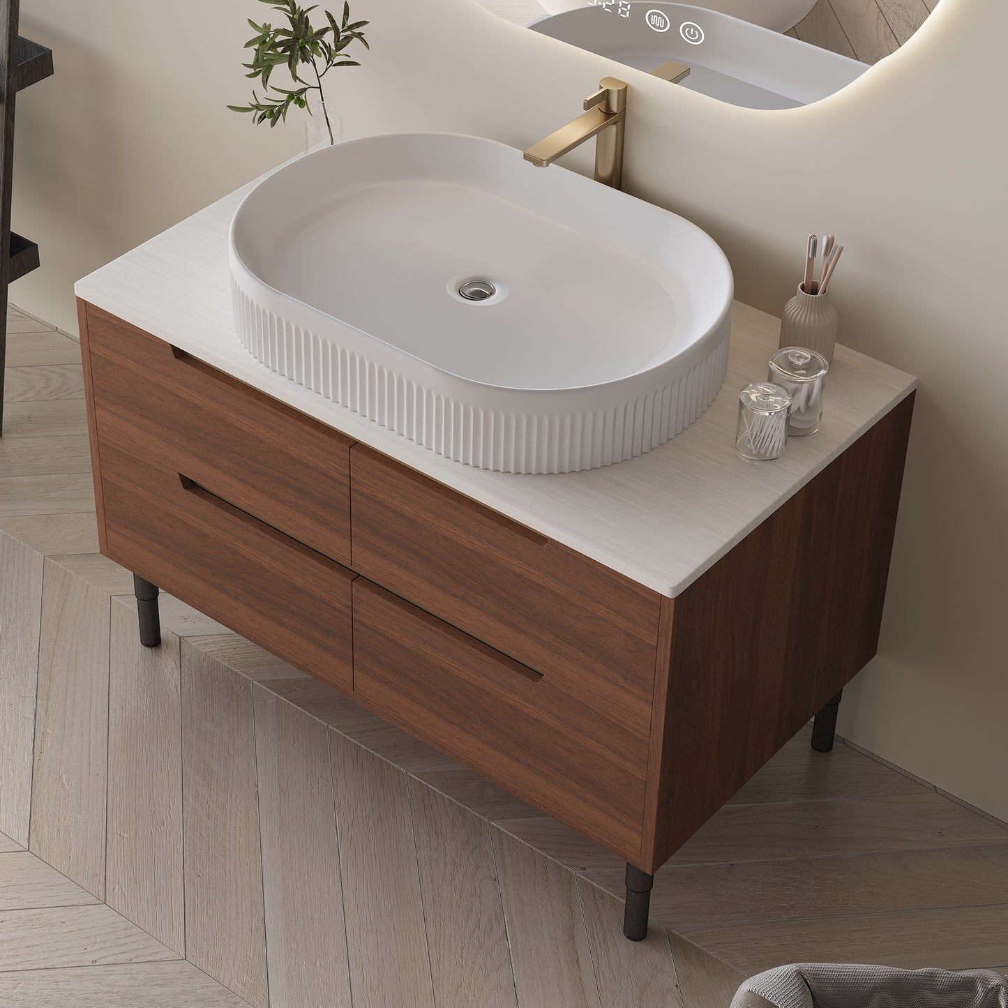 36 Inch Bathroom Vanity with Ceramic Sink & Soft-Close Drawers - Walnut/White