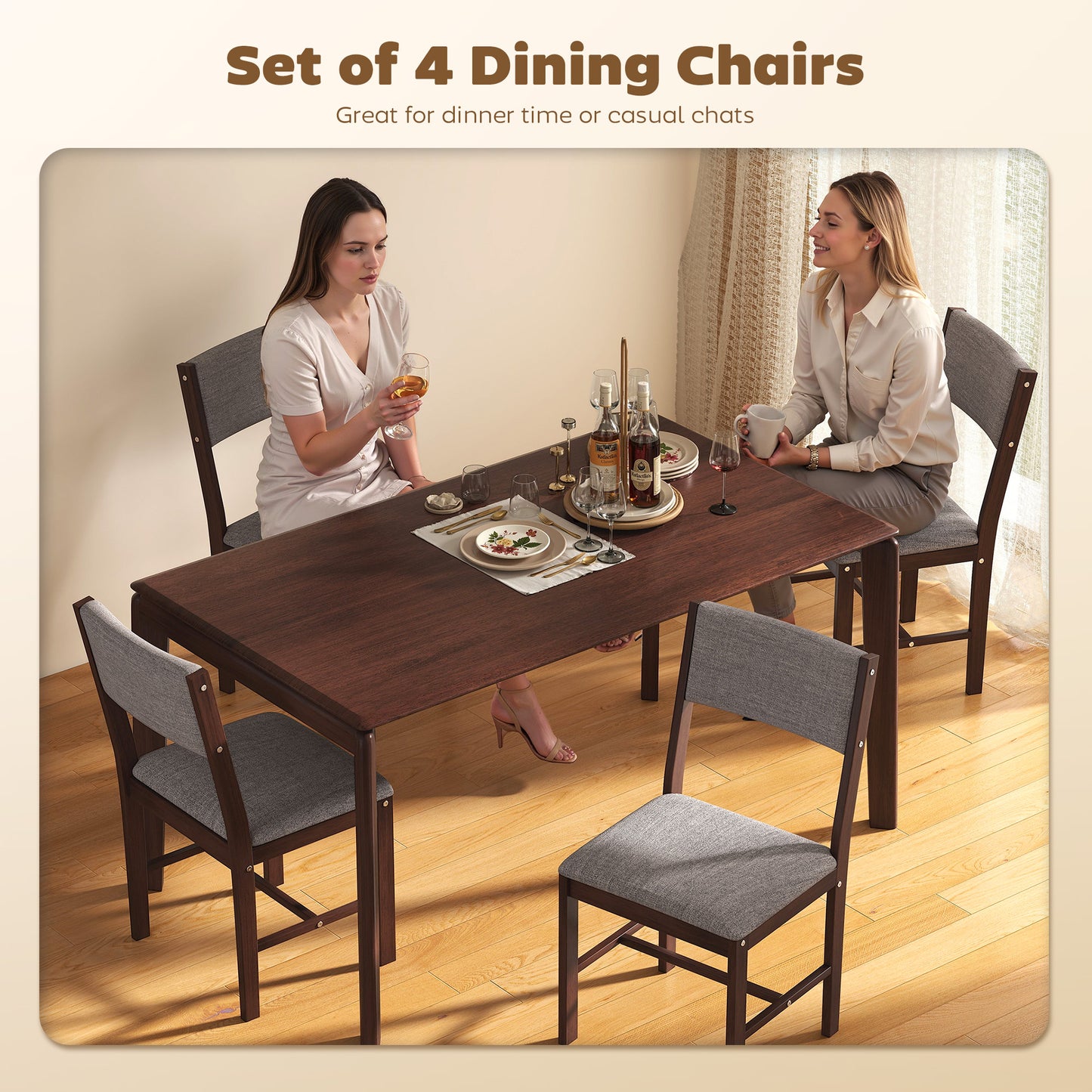 Modern Dining Chairs Set of 4, Linen Fabric Kitchen with Rubberwood