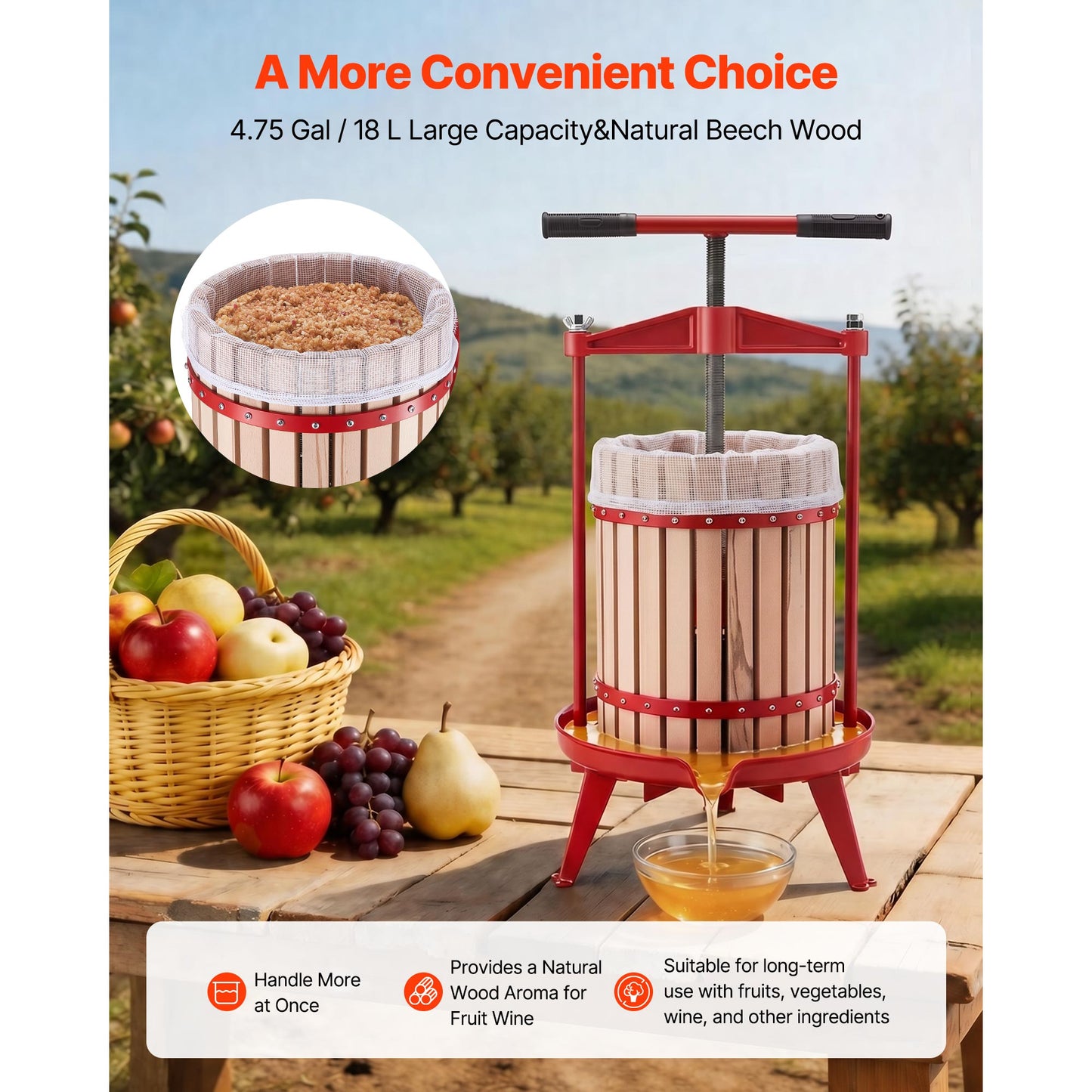 Fruit Wine Press 4.75Gal Manual Juicer with Beech Wood Basket & Filter Bags