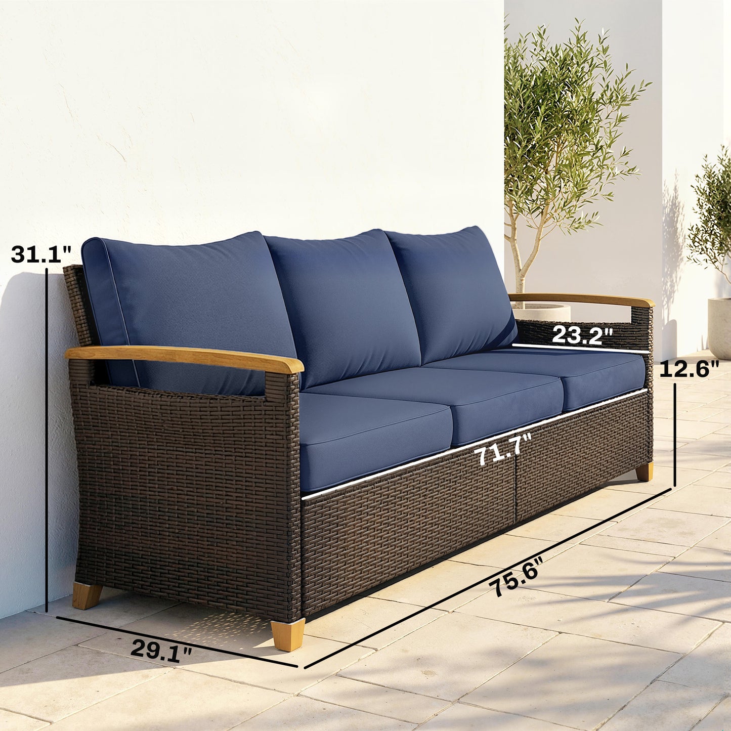 Outdoor 3-Seater Couch Sofa with Thick Cushions - Dark Blue