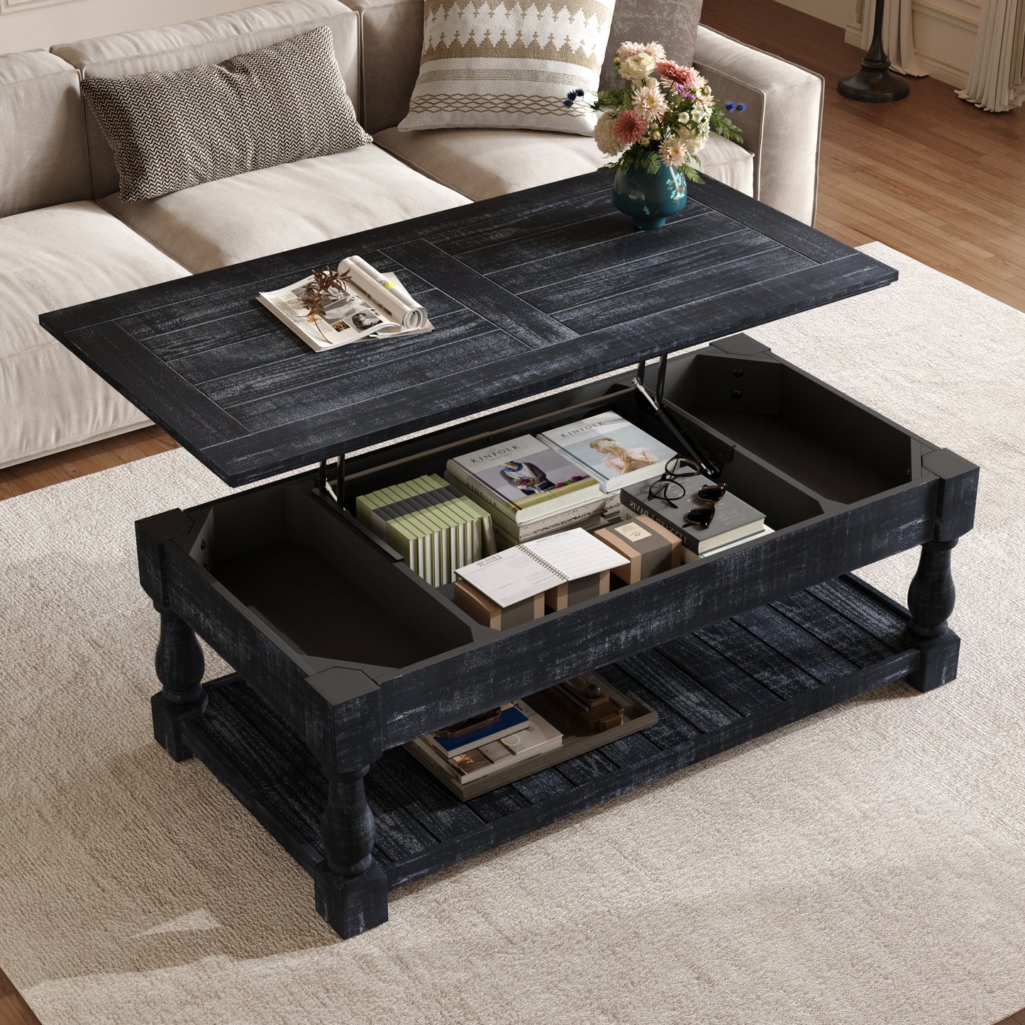Farmhouse Lift Top Coffee Table with Storage Trays - Antique Black