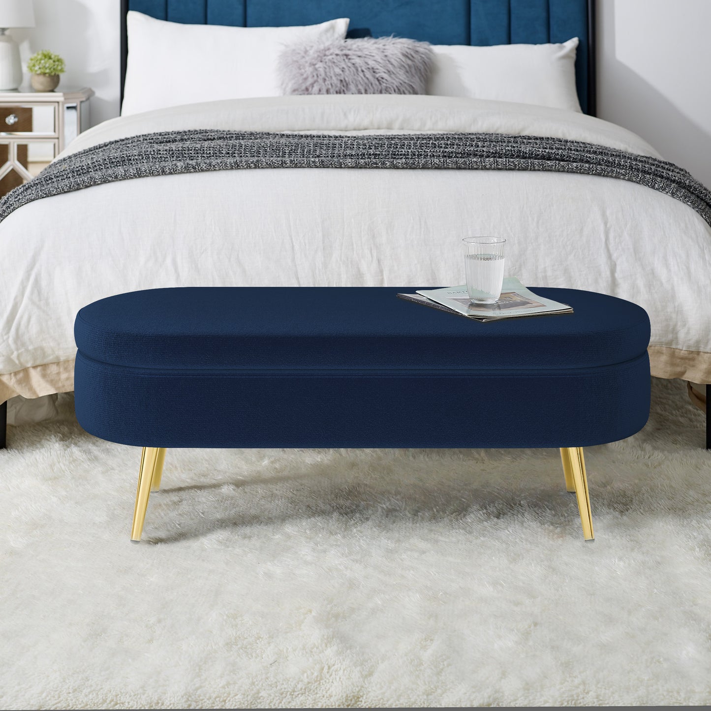 Ottoman Storage Bench - Dark Blue Flannel with Metal Legs