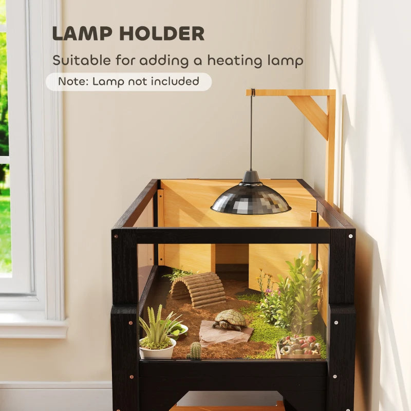 Wooden Tortoise Habitat with Storage Shelf & Clear Windows, Open Top, Lamp Holder