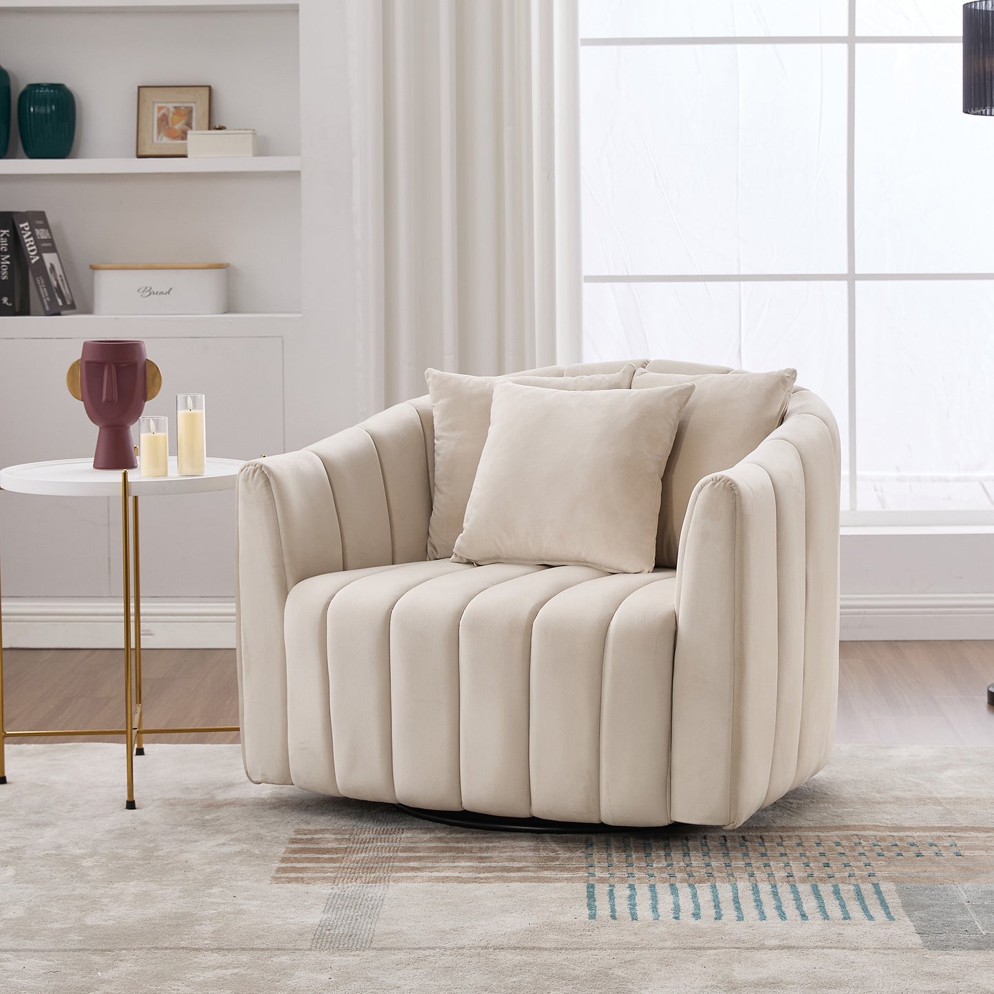 Oversized 39" Swivel Accent Barrel Chair with 3 Pillows - Beige