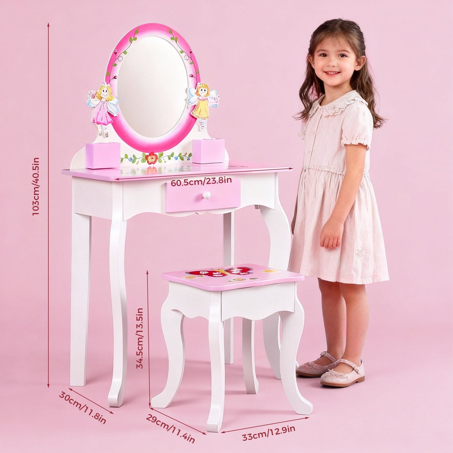 Kids Vanity Set Floral Printed Wooden Makeup Dressing Princess Table