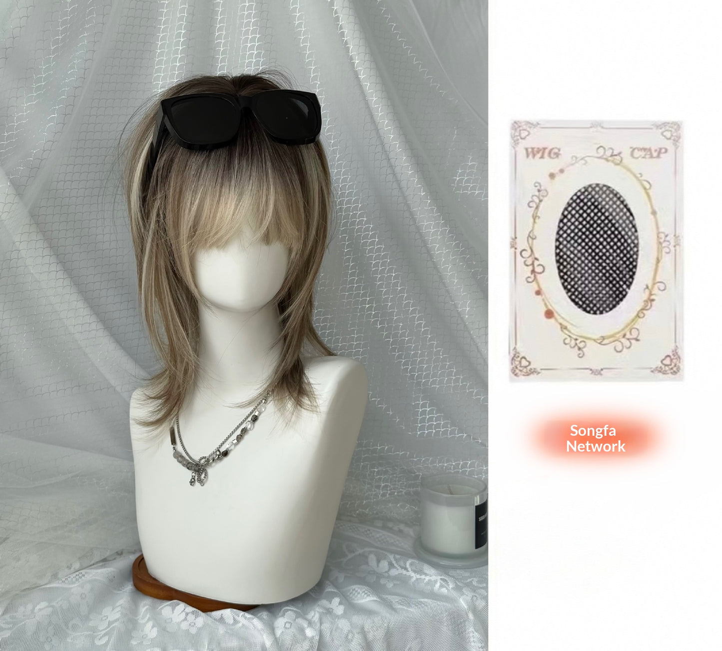 Unisex Golden Brown Full-Head Wig with Hair Net & Accessories