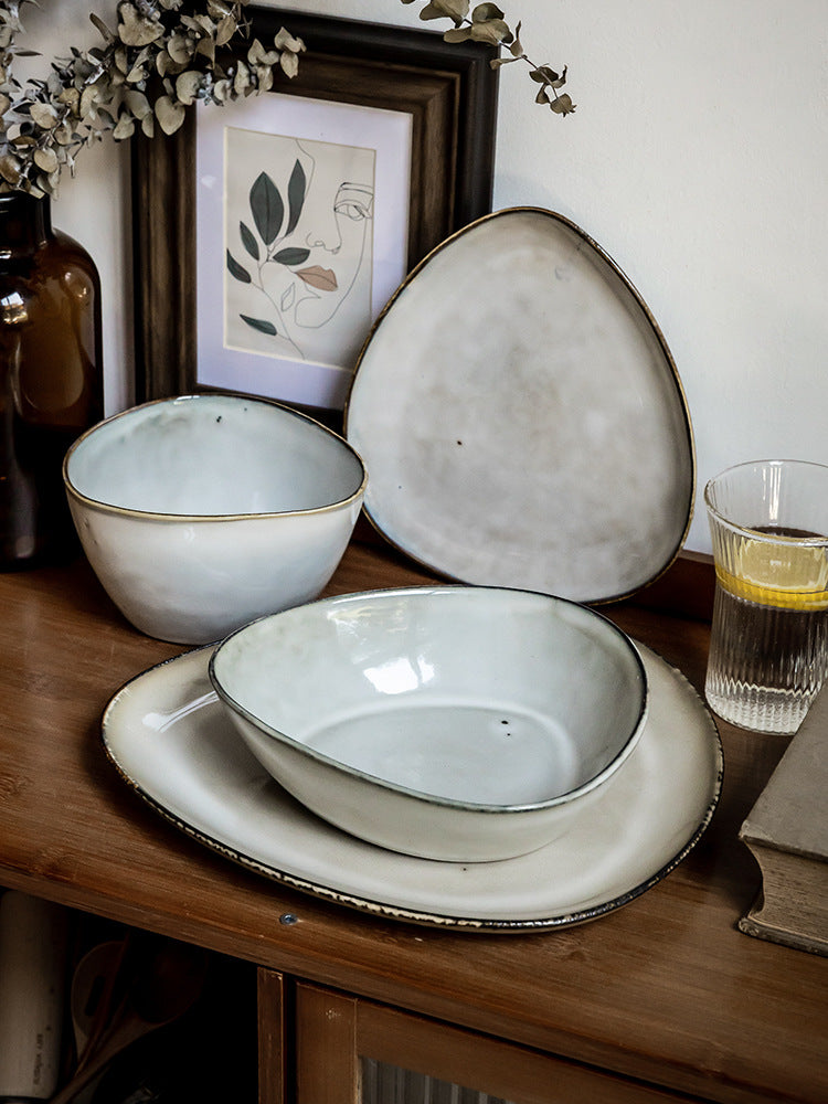 Ceramic Irregular Triangle Plate and Bowl Set - 8 Inch and 10.5 Inch Dinnerware