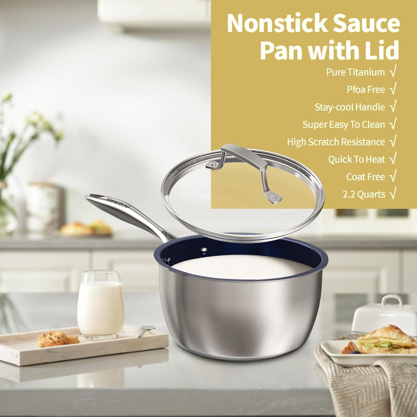 2.2 Quart Titanium Stainless Steel Non-Stick Frying Pan with Lid