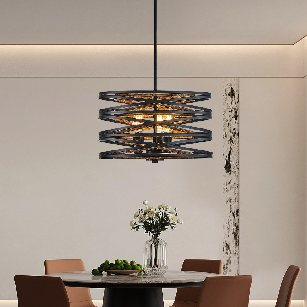 3-Light Industrial Pendant Chandelier with Wood Accents