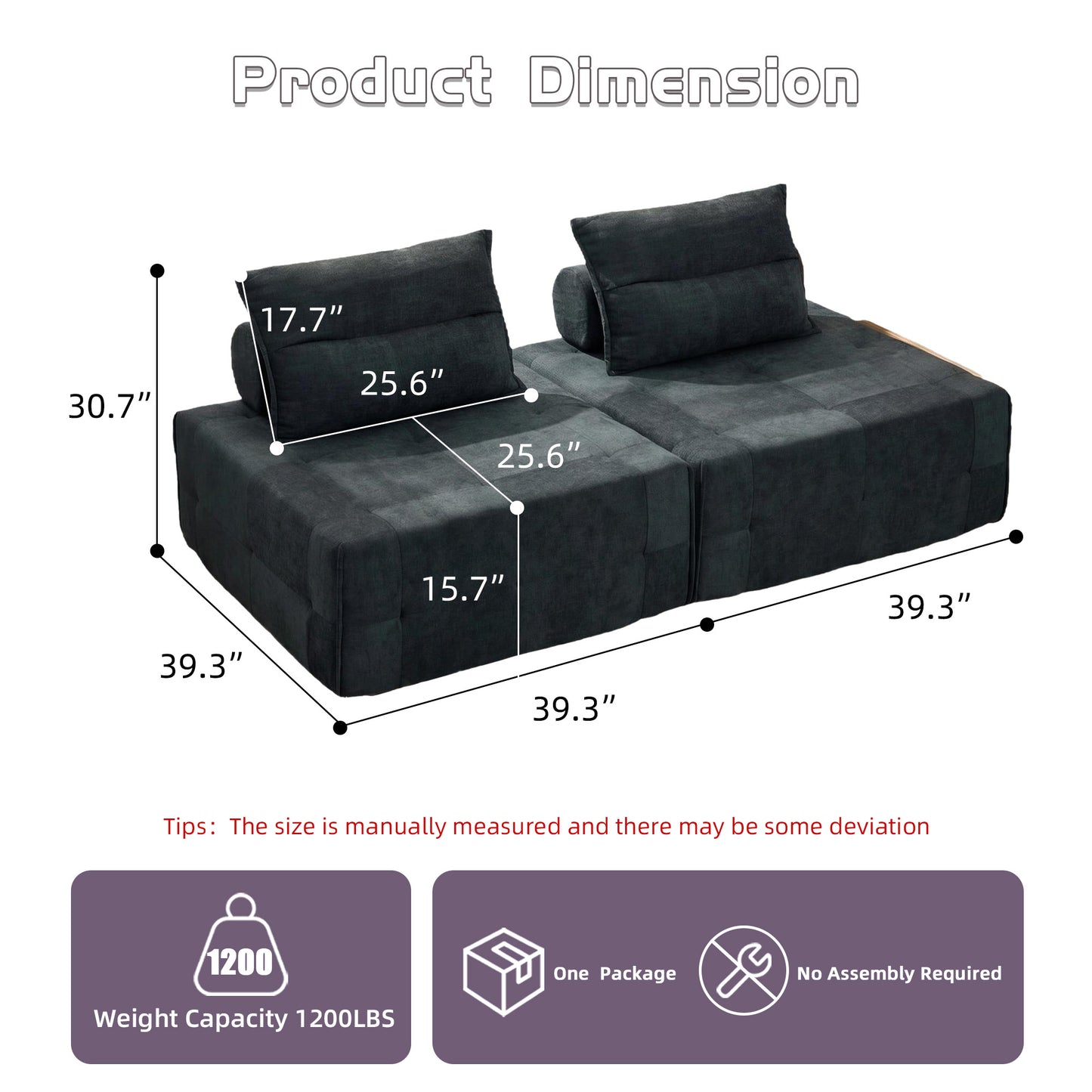 Deep Seat Modular Sectional Sofa with Adjustable Backrest - Black