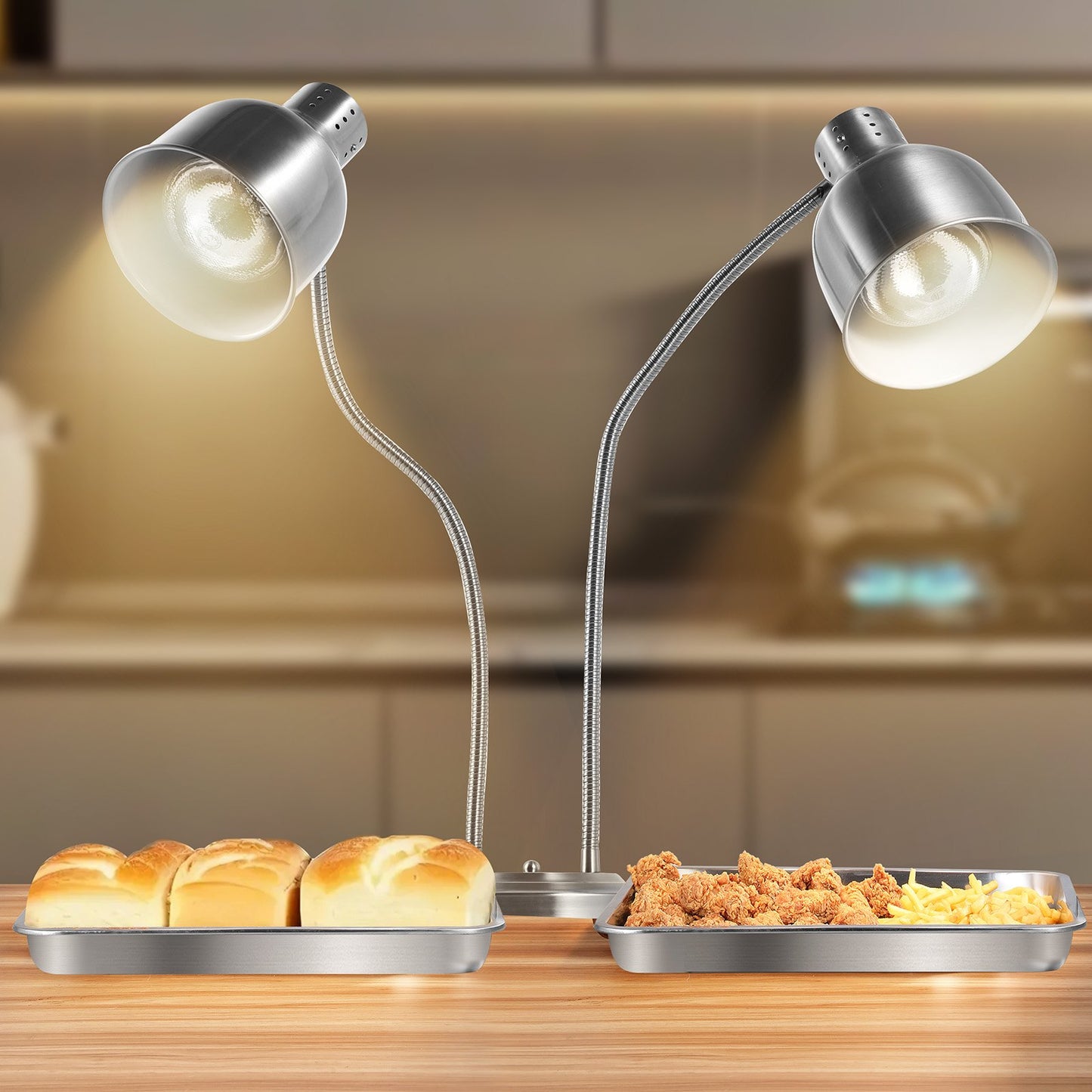 Commercial 2-Head Food Heat Lamp for Restaurant & Buffet - Silver