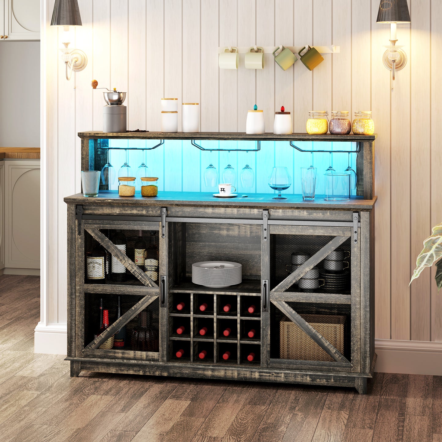 55" Distressed Brown Coffee Bar Cabinet with LED Lights
