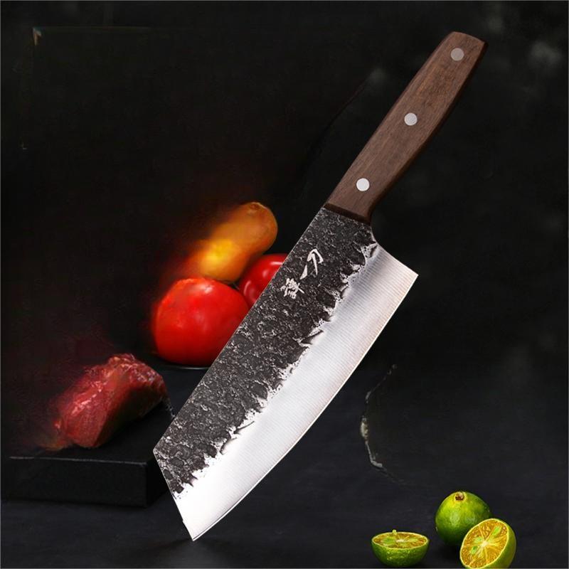 Old Fashioned Carved Chinese Kitchen Knife - Multi-purpose Stainless Steel Blade, Black