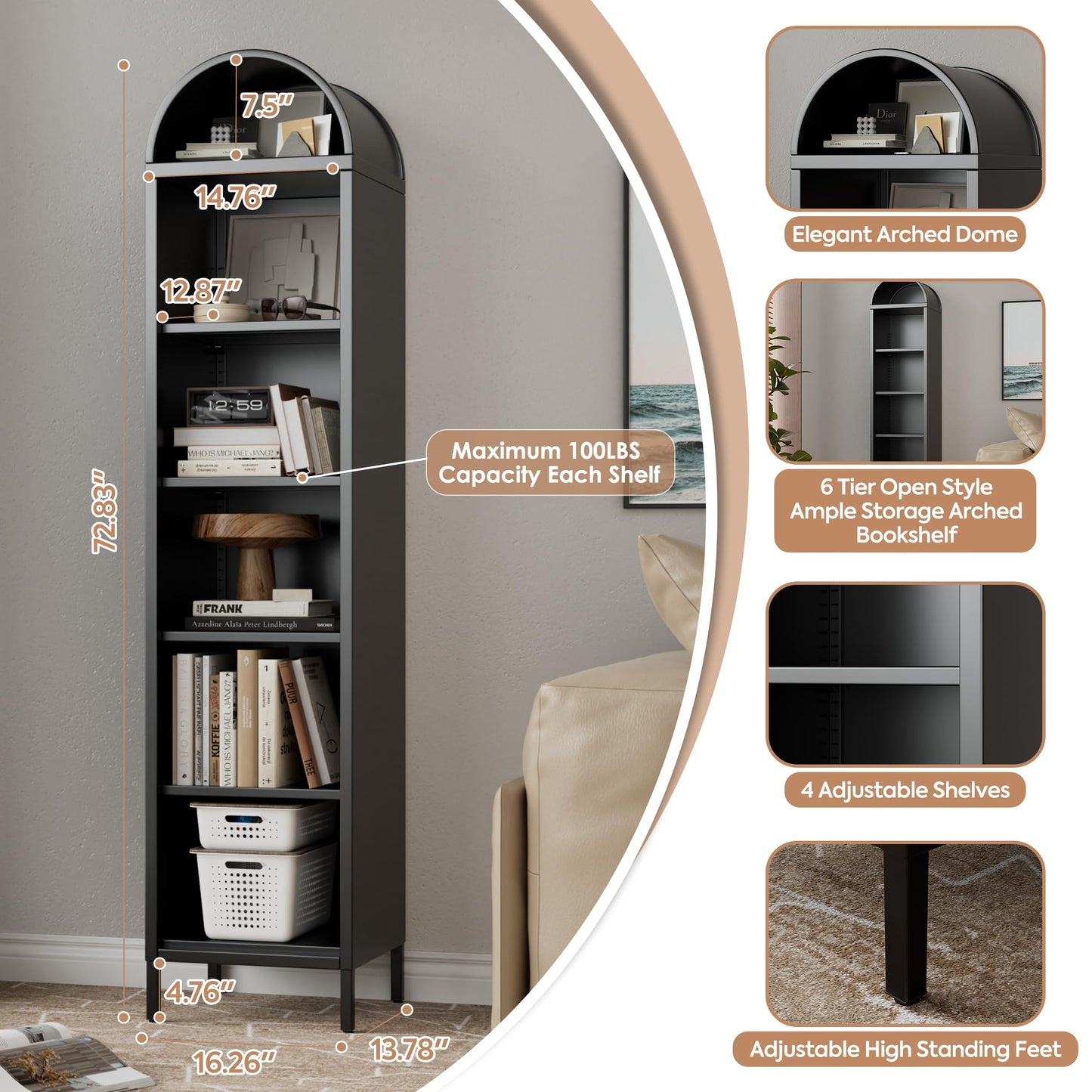 73'' Tall Arched Metal Bookshelf - 6-Tier Freestanding Organizer in Black