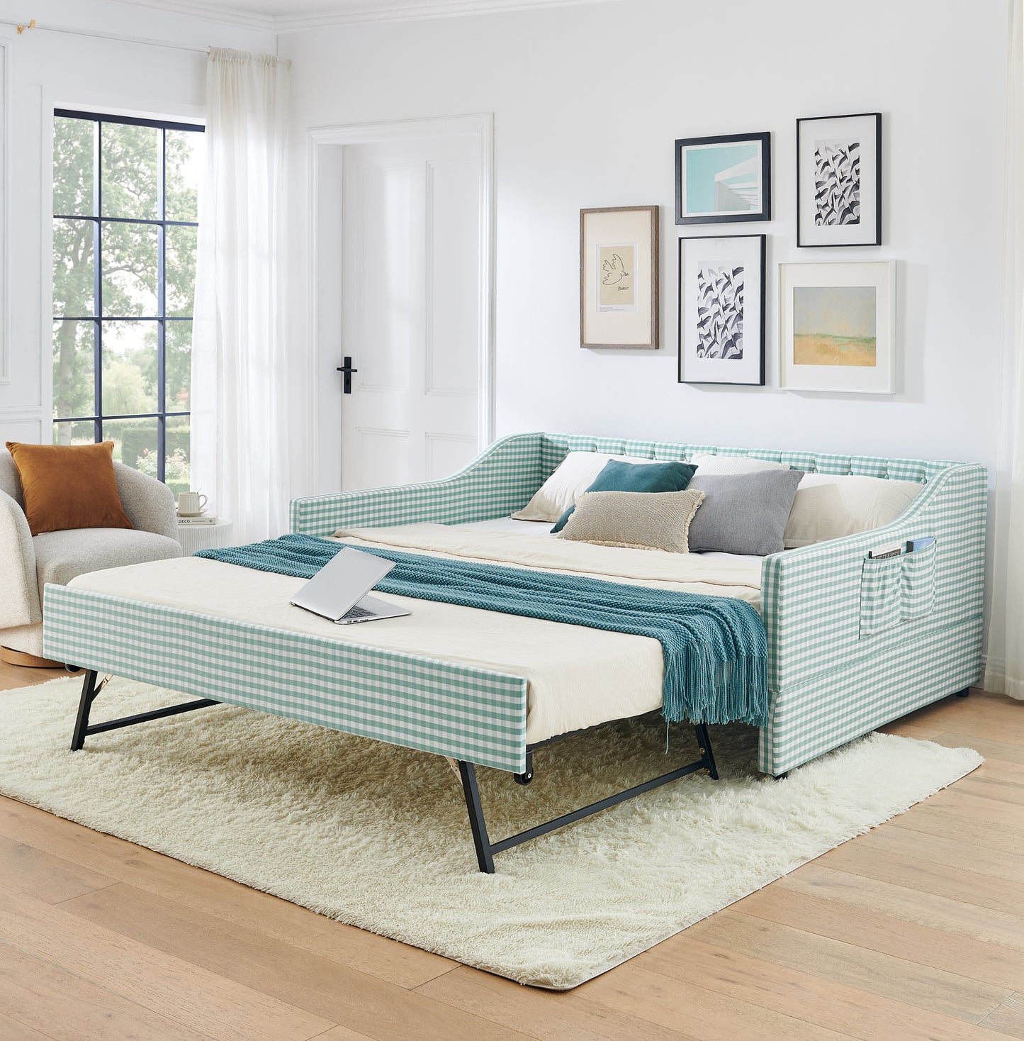 Full-Size Upholstered Daybed with Pull-Out Trundle & Storage - Cyan